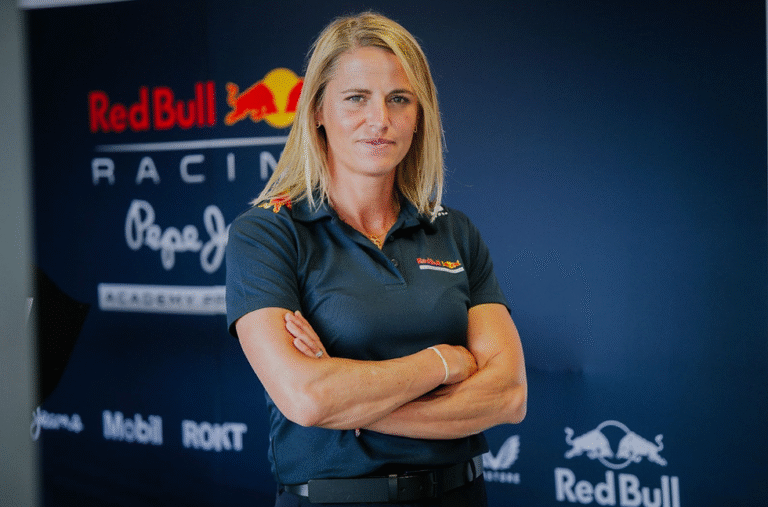 Sarah Harrington in her race suit