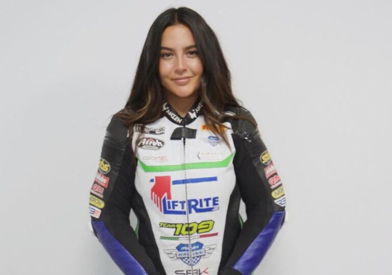 Astrid Madrigal in her race suit