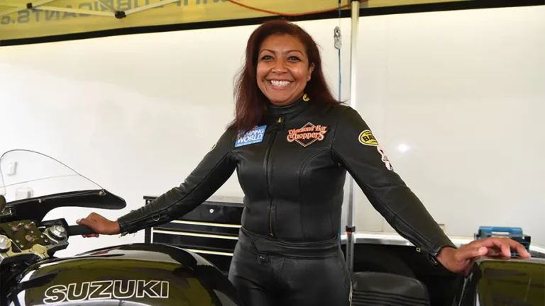 Peggy Llewellyn in her race suit
