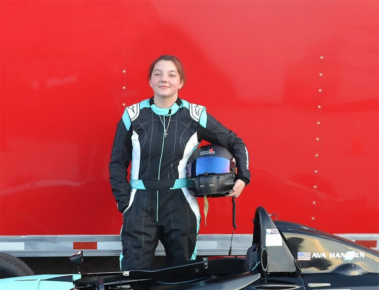 Ava Hanssen in her race suit